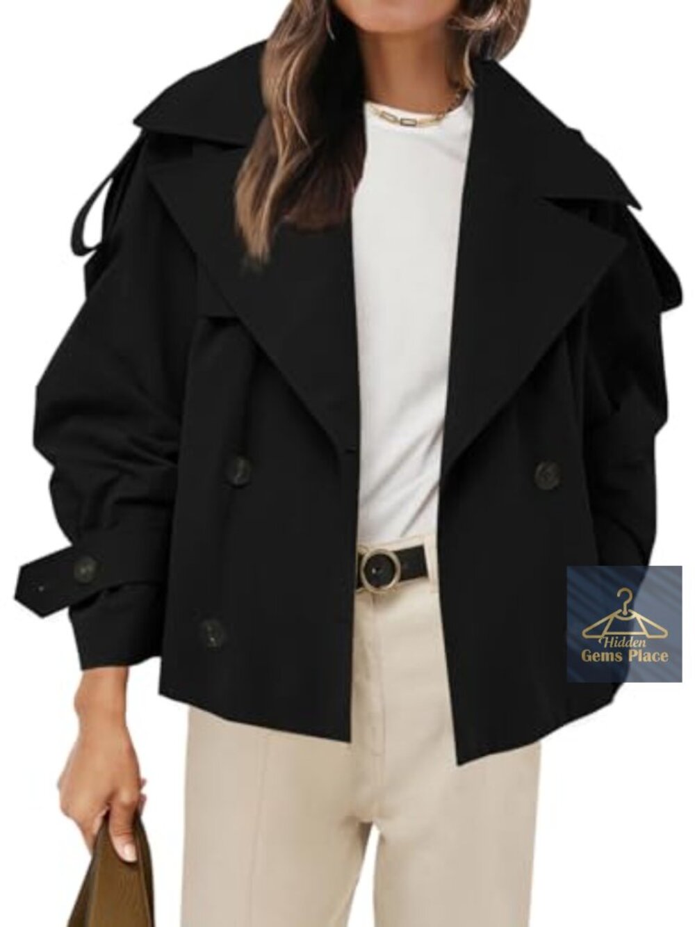 Cropped Trench Coat Double Breasted Belted Windproof Jacket